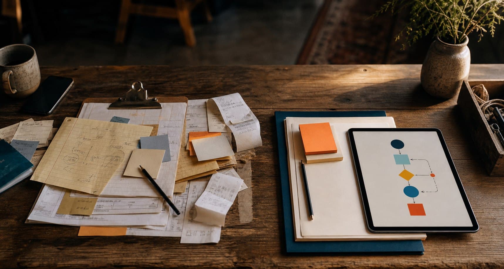 Paper notes beside a computer showing work being organized